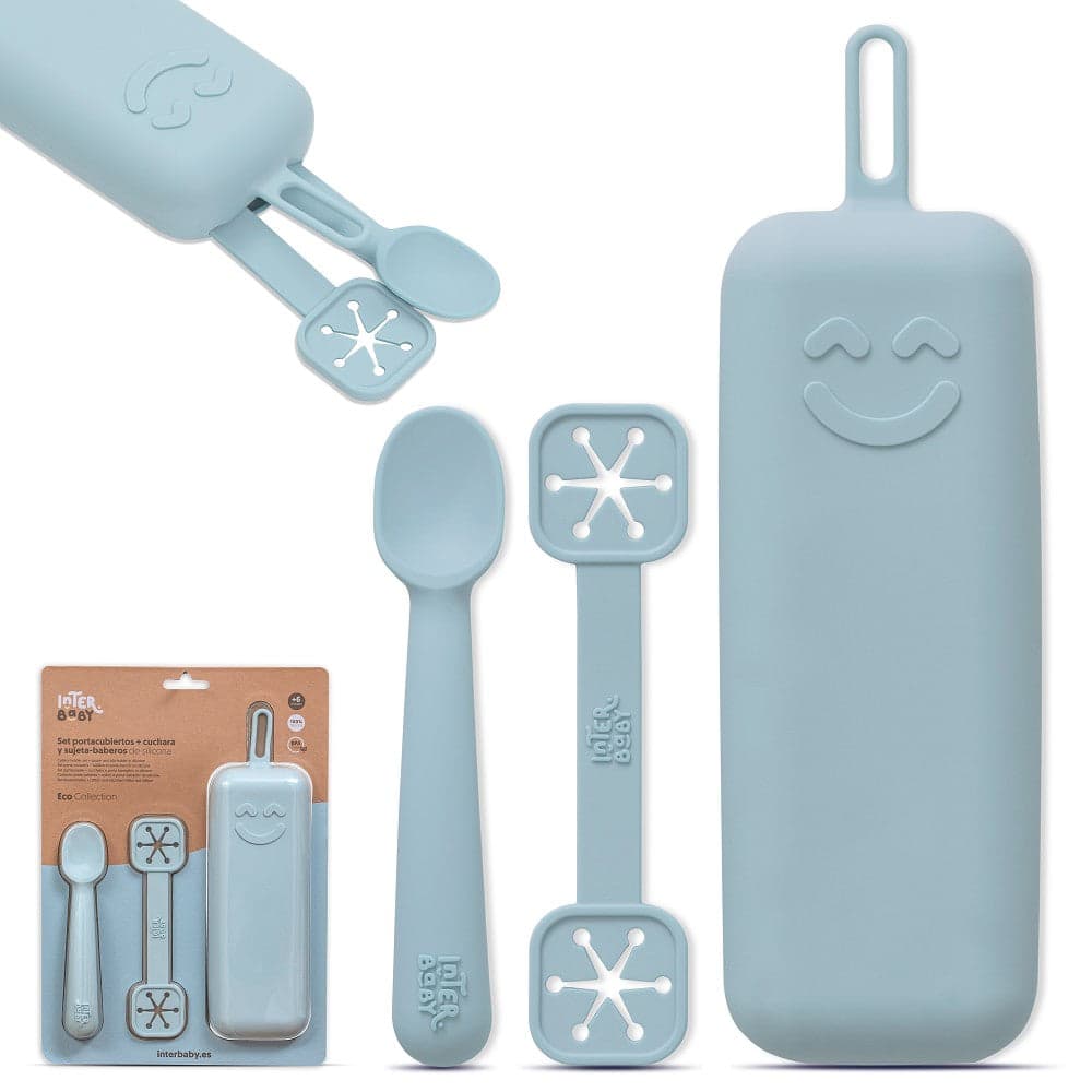 Conjunto Porta Talheres + Colher E Porta Babetes De Silicone Azul Cinzento Interbaby