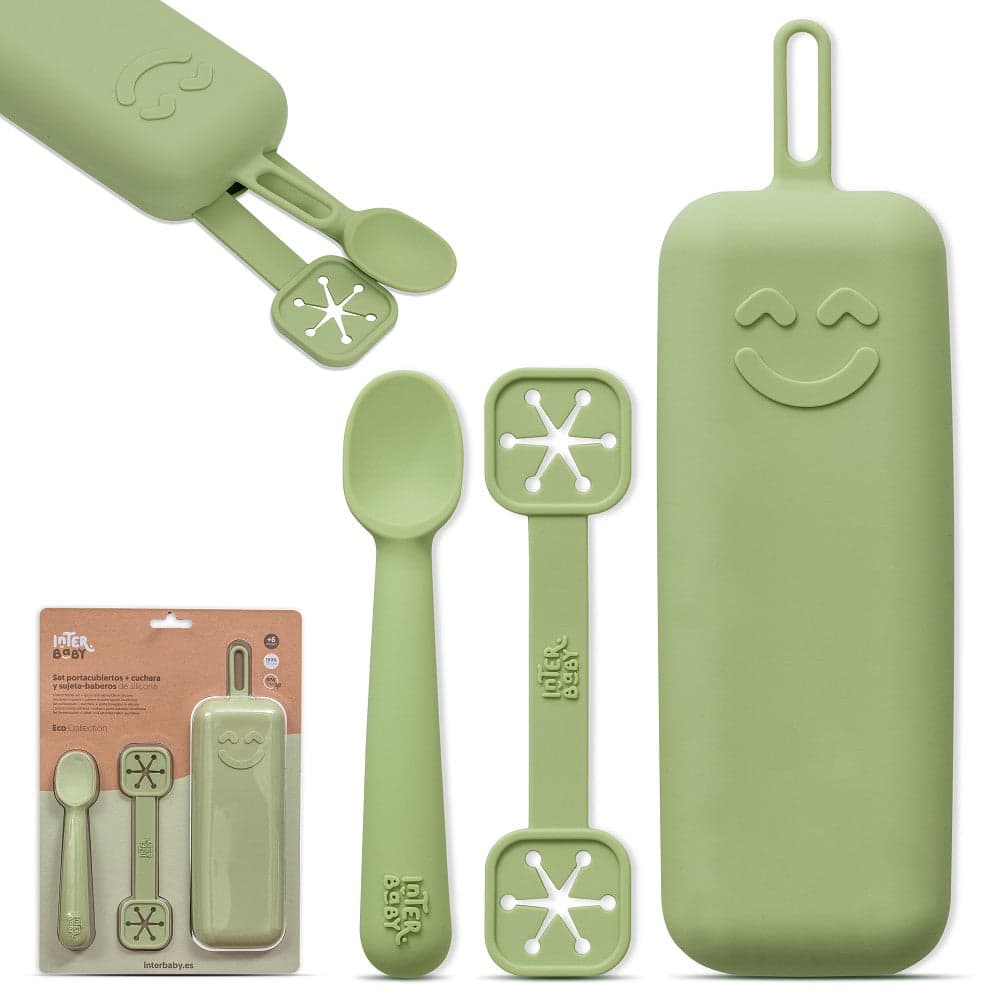 Conjunto Porta Talheres + Colher E Porta Babetes De Silicone Verde Oliva Interbaby