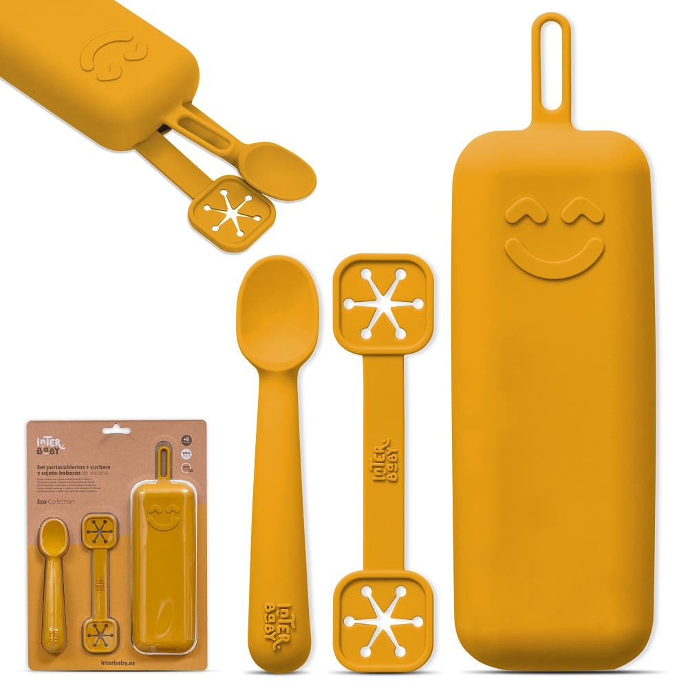 Interbaby Conjunto Porta Talheres + Colher e Porta Babetes de Silicone Ocr Terra