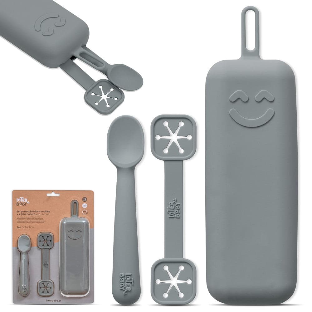 Interbaby Conjunto Porta Talheres + Colher e Porta Babetes de Silicone Cinza Petrola