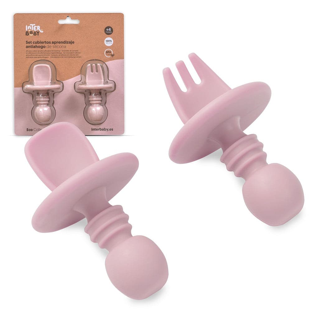 Conjunto De Talheres De Aprendizagem De Silicone (Anti Sufoco) Rosa Escuro Interbaby