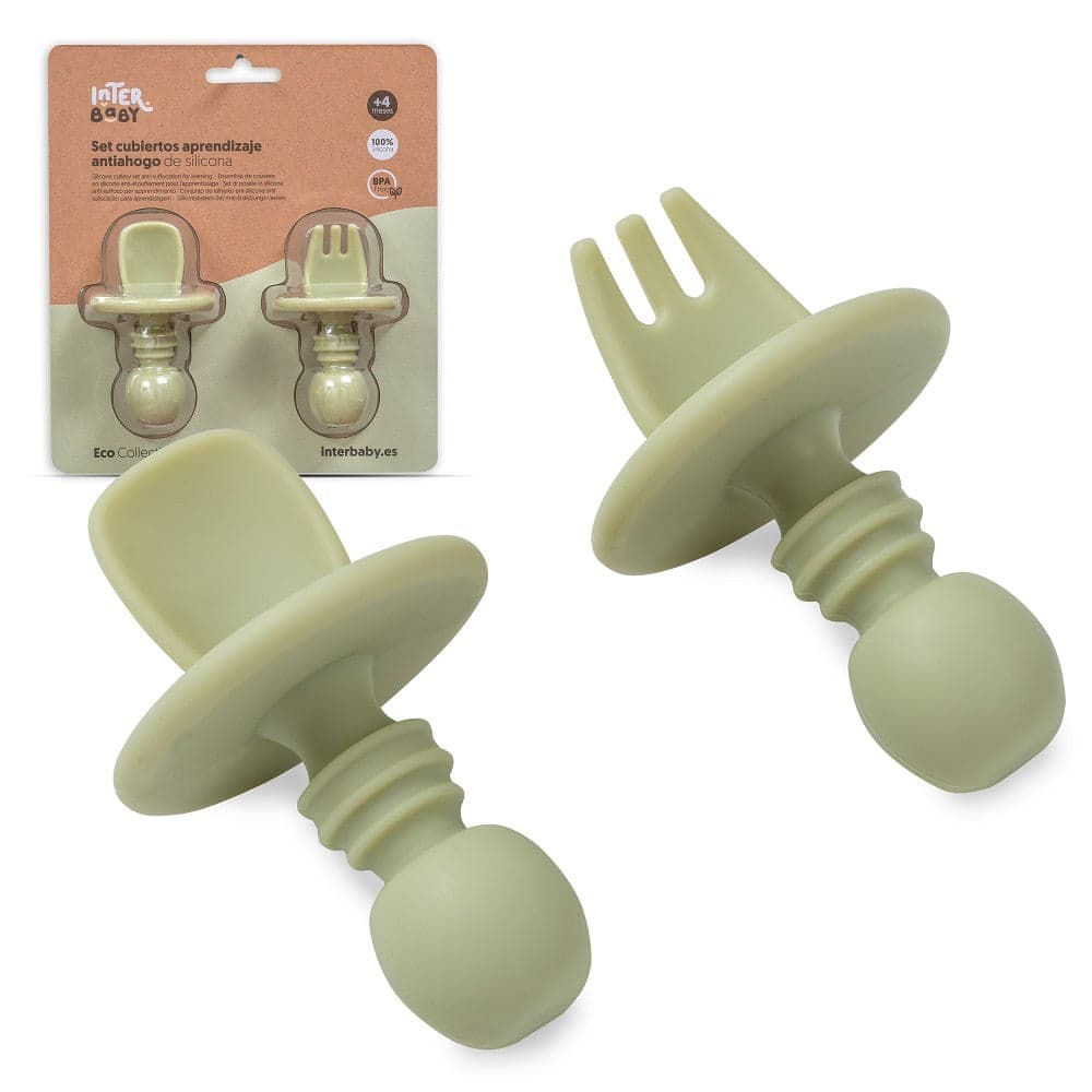 Conjunto De Talheres De Aprendizagem De Silicone (Anti Sufoco) Verde Oliva Interbaby