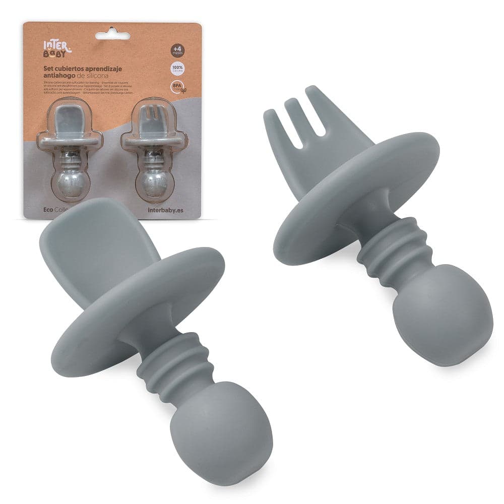 Conjunto De Talheres De Aprendizagem De Silicone (Anti Sufoco) Cinza Petrola Interbaby