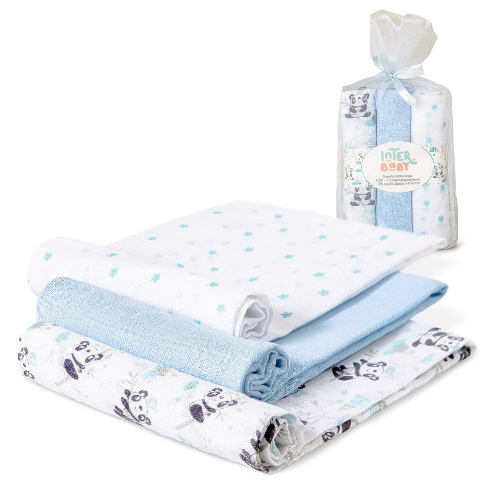 Fralda Bordada 100% Algodão Pack 3 Unidades Bodoques Azul Interbaby