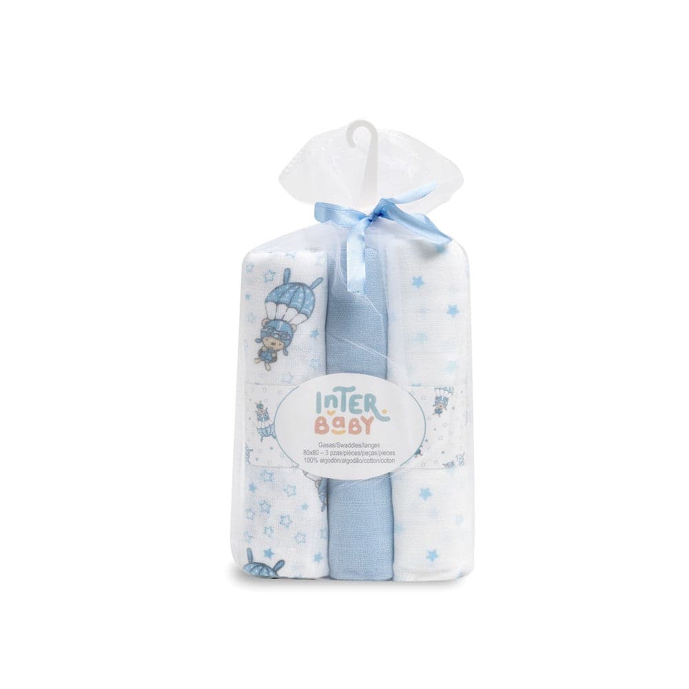 Fralda Bordada 100% Algodão Pack 3 Unidades Nubes Azul Interbaby
