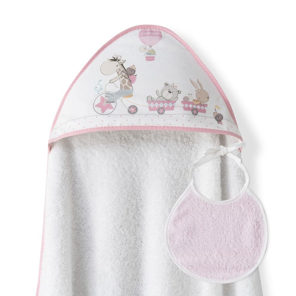 Interbaby Toalha de Banho 100X100 Algodão + Babete Jirafa Bicicleta Rosa