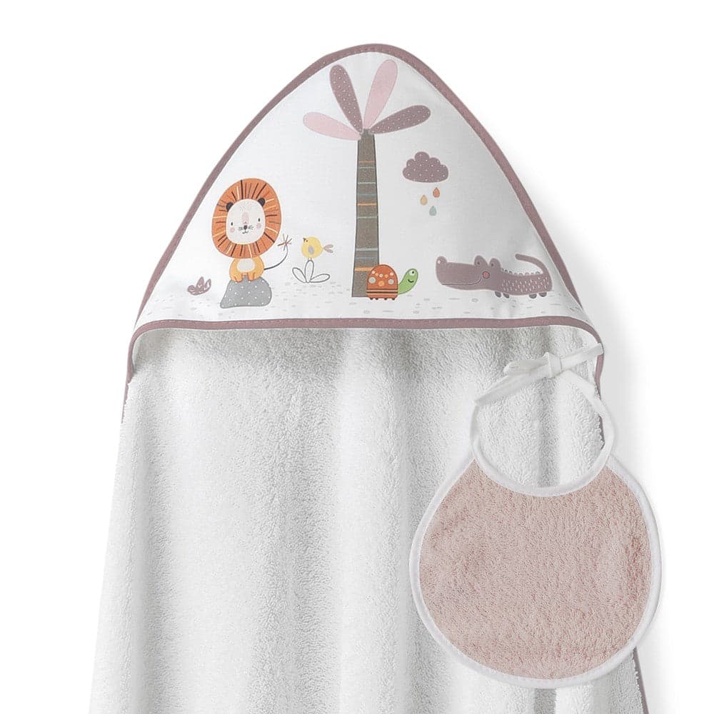 Interbaby Toalha de Banho 100X100 Algodão + Babete Leon Palmera Rosa Escuro