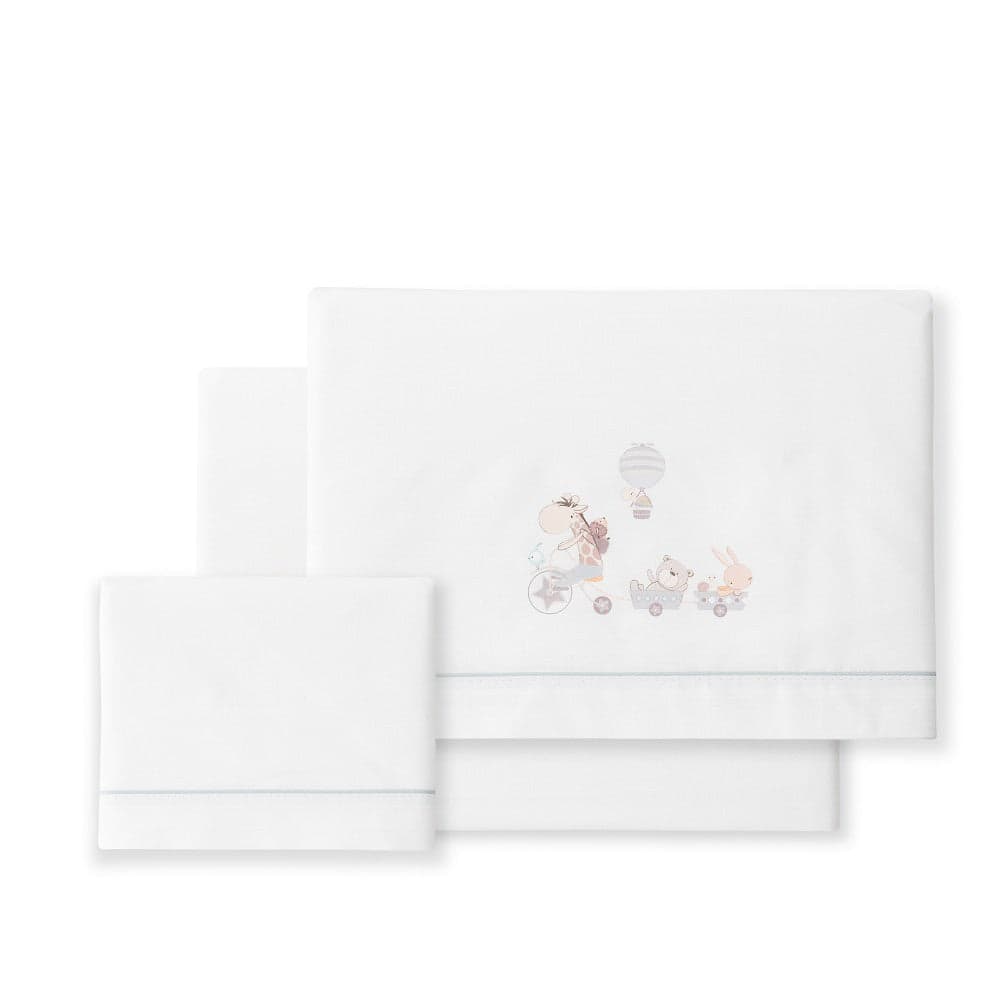 Jogo 3Pcs Cadeira Passeio(Lençol106X72+Lençol B.80X40X7+Almofada38X25+Chupetera)Algodão Jirafa Cinza Interbaby