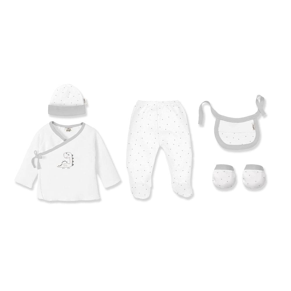 Conjunto 5 Pcs(Camisa+Calça+Luva+Babete+Meias)+Recém Nascidos(0 6 Meses) 100%Alg. Dinosauro Cinza Interbaby