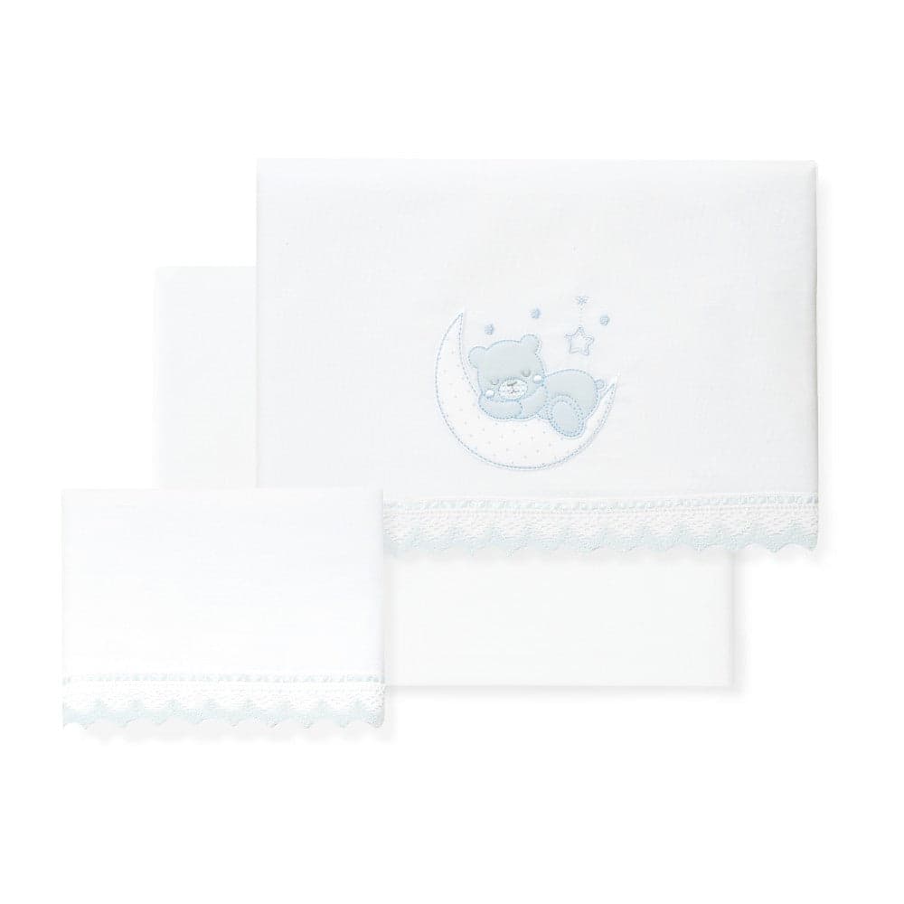 Jogo 3Pcs Cadeira Passeio(Lençol106X72+Lençol B.80X40X7+Almofada38X25)Algodão Oso Luna Azul Interbaby