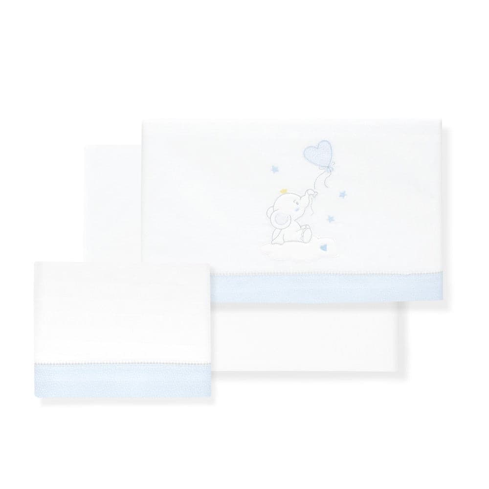Jogo 3Pcs Berço(Lençol106X82+Lençol Colchão85X55X9+Almofada50X30) Algodão Elefante Globo Azul Interbaby