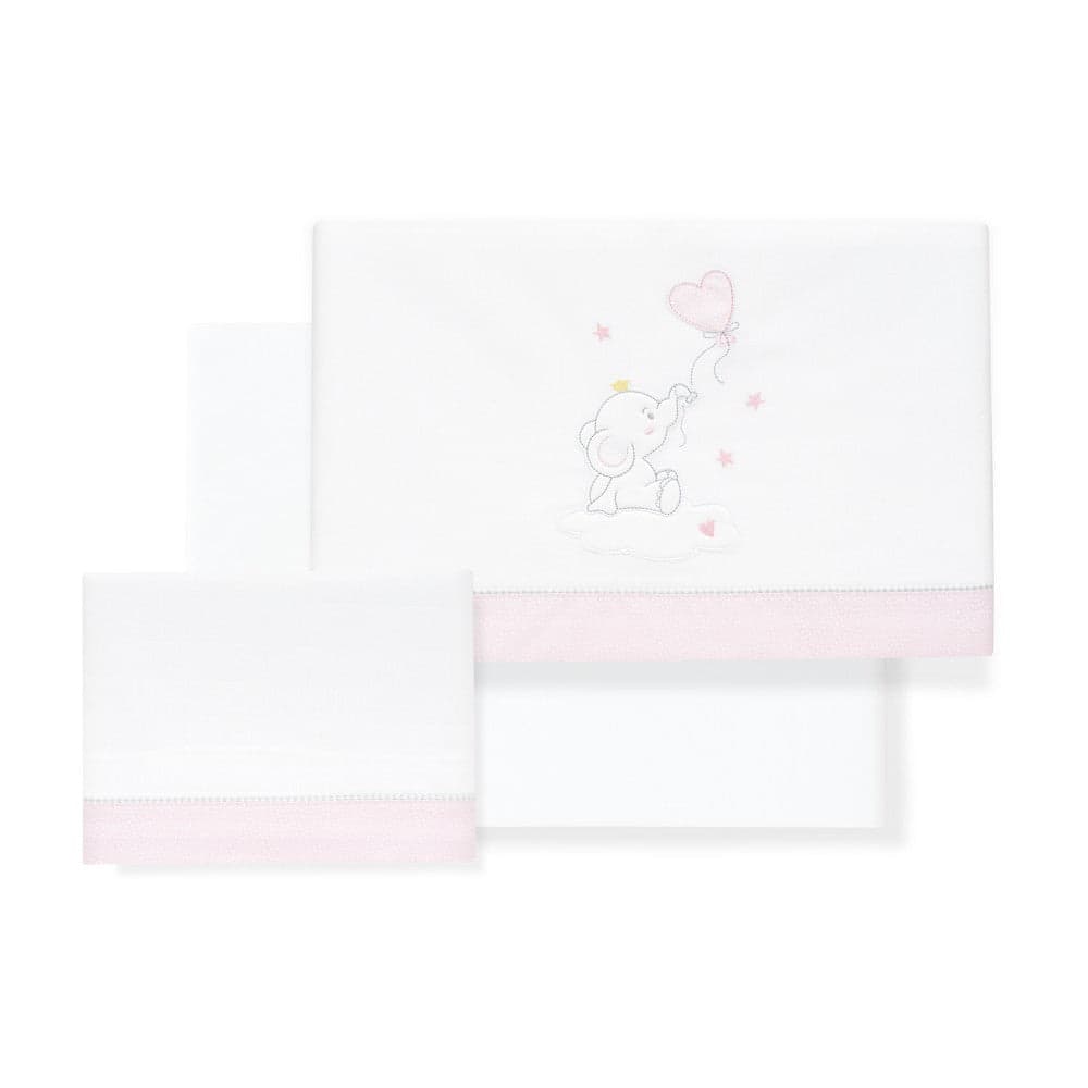 Jogo 3Pcs Berço(Lençol106X82+Lençol Colchão85X55X9+Almofada50X30) Algodão Elefante Globo Rosa Interbaby