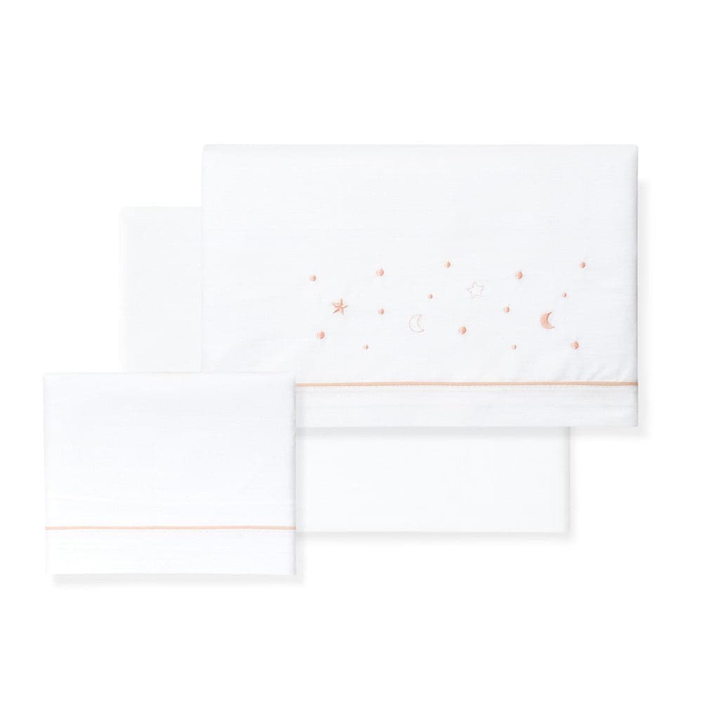 Jogo 3Pcs Berço(Lençol106X82+Lençol Colchão85X55X9+Almofada50X30) Algodão Estrellas/Luna Rosa Interbaby