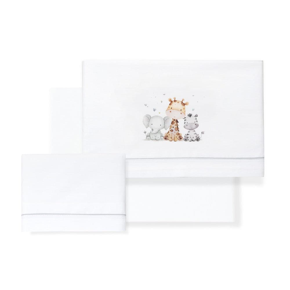 Jogo 3Pcs Cadeira Passeio(Lençol106X72+Lençol B.80X40X7+Almofada38X25)Algodão Jirafa E. Cinza Interbaby