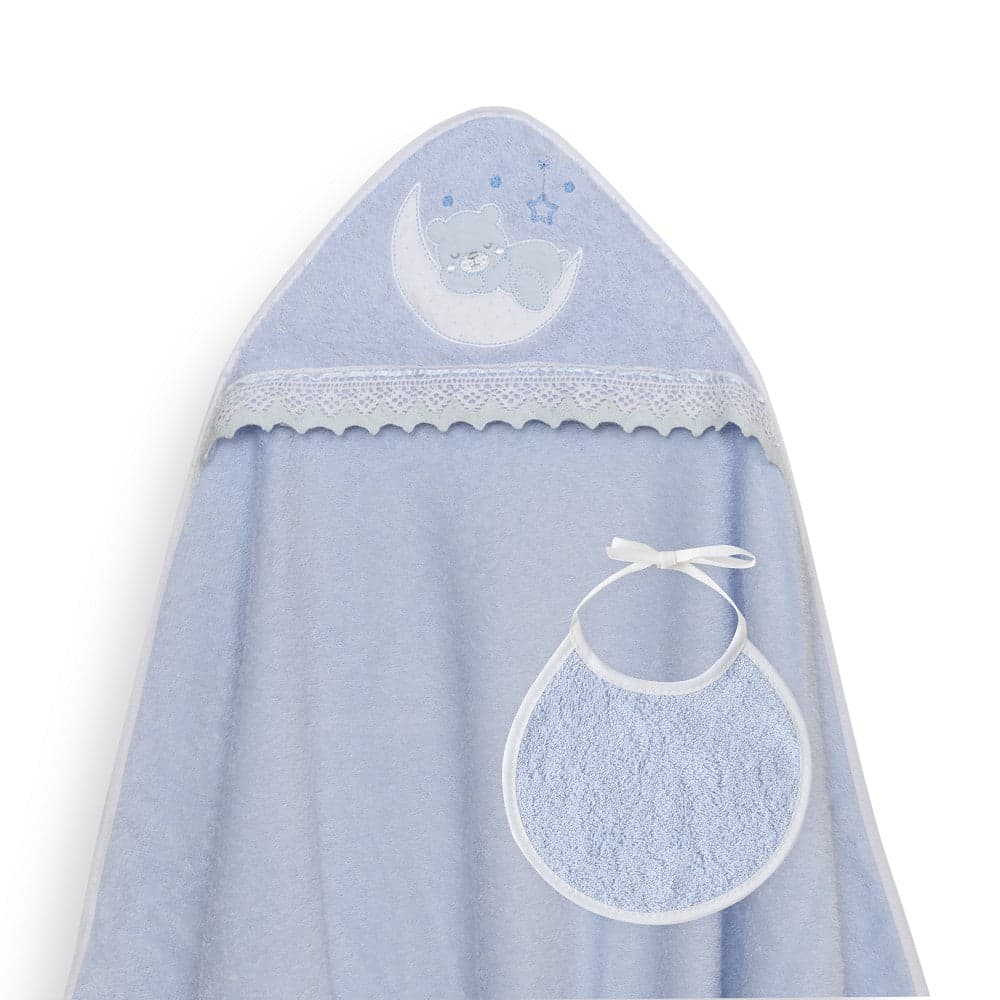 Interbaby Toalha de Banho 100X100 + Babete Osito Luna Guipur Azul