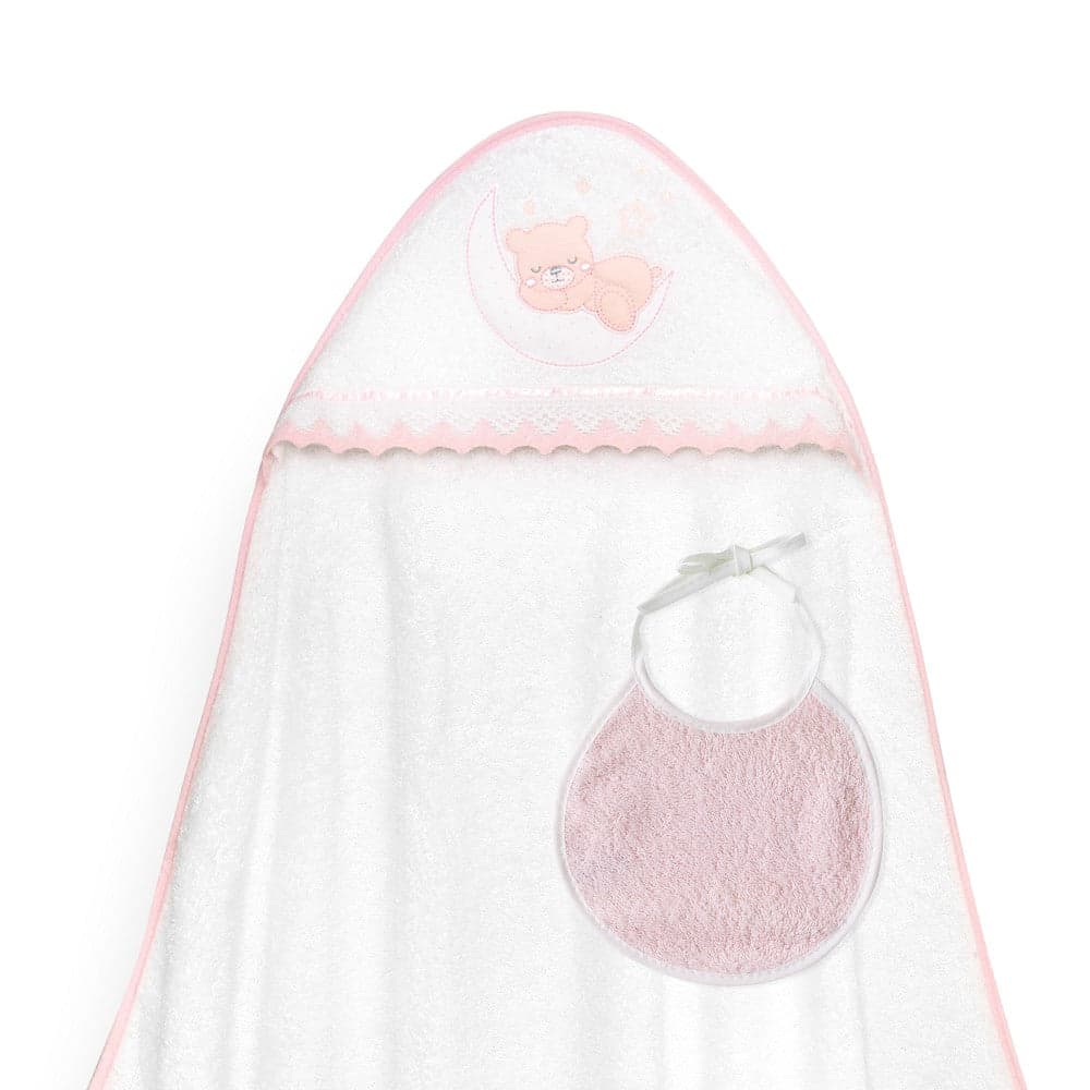 Interbaby Toalha de Banho 100X100 + Babete Osito Luna Guipur Rosa