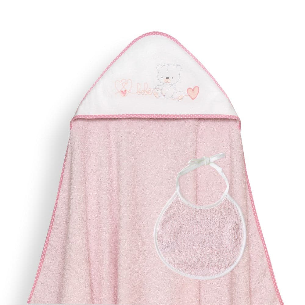 Toalha de banho 100X100 + Babete Corazones Bebe Osito Rosa Interbaby