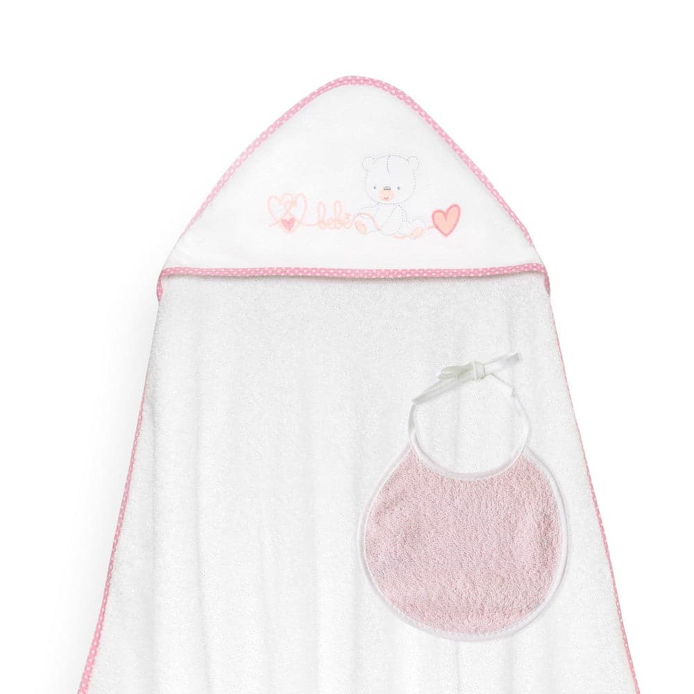 Interbaby Toalha de Banho 100X100 + Babete Corazones Bebe Osito Rosa