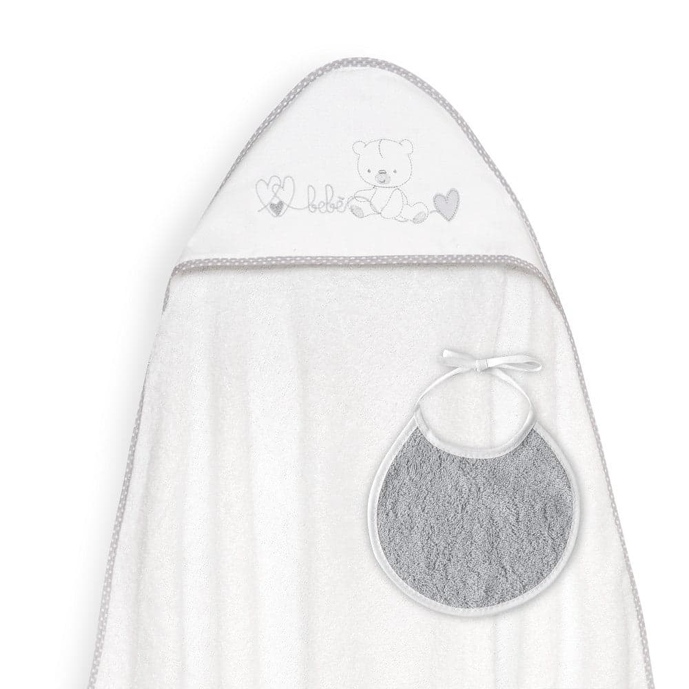 Toalha de banho 100X100 + Babete Corazones Bebe Osito Cinza Interbaby