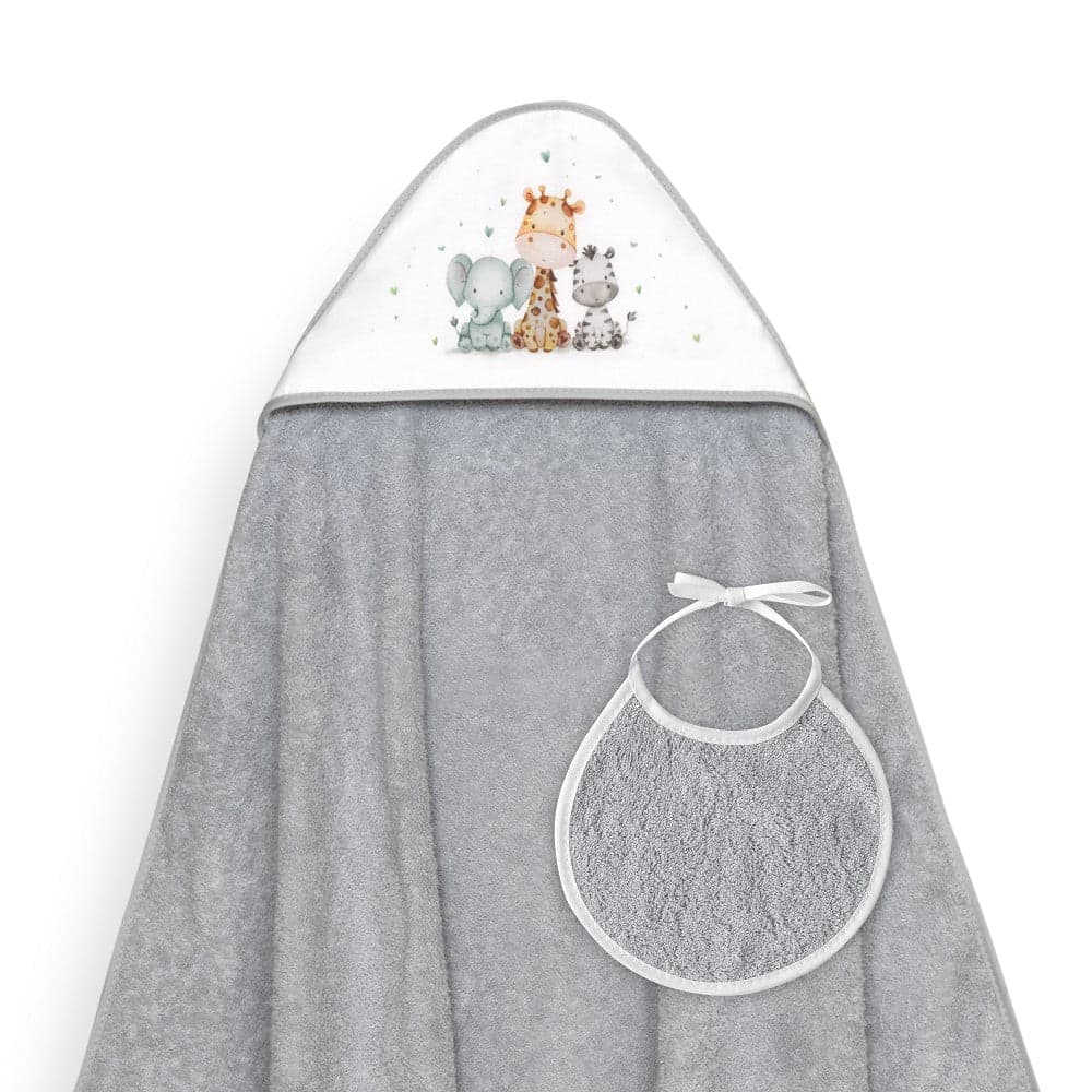 Toalha de banho 100X100 + Babete Jirafa Elefante Cinza Interbaby
