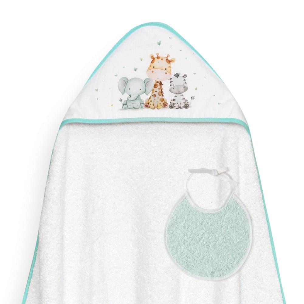 Interbaby Toalha de Banho 100X100 + Babete Jirafa Elefante Verde