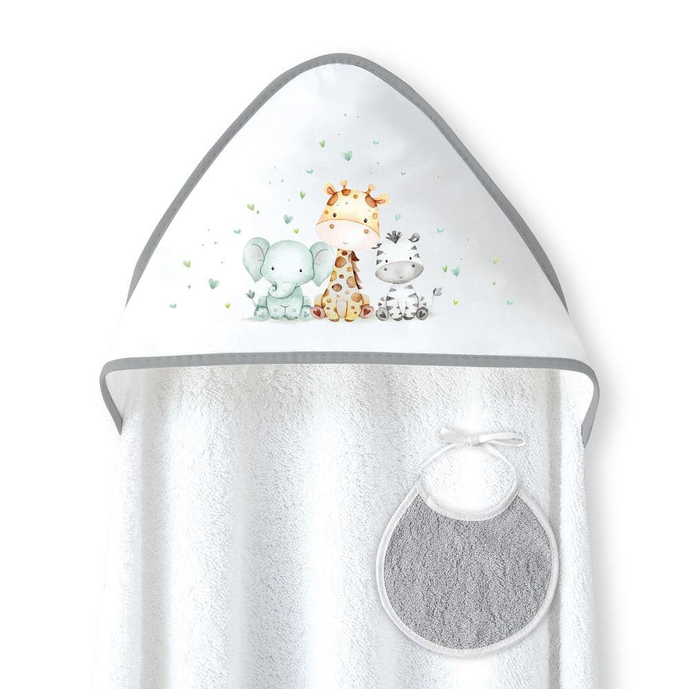 Interbaby Toalha de Banho 100X100 + Babete Jirafa Elefante Cinza