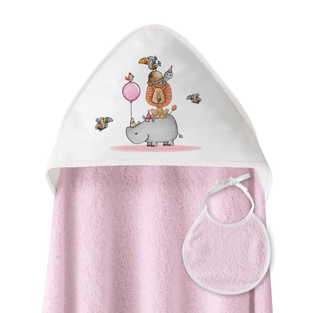 Toalha de banho 100X100 + Babete Rino Leon Rosa Interbaby