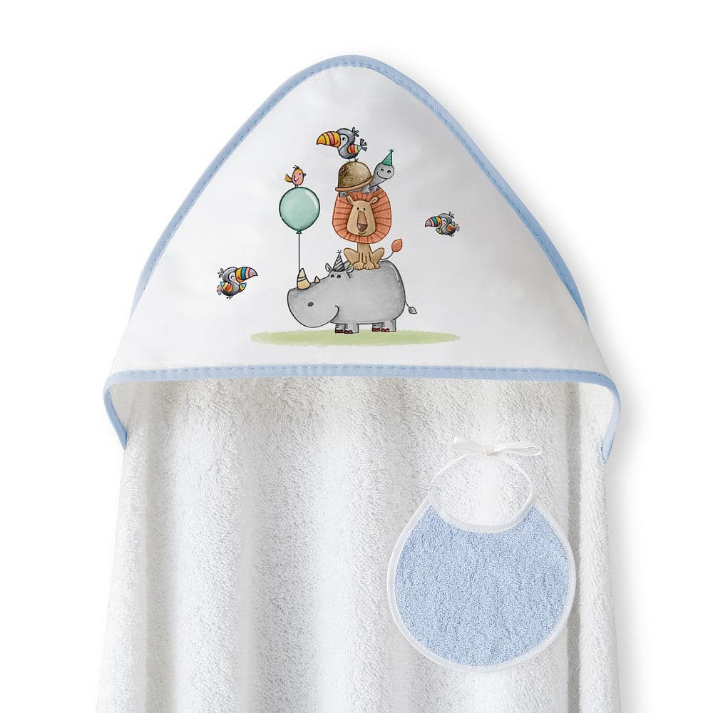 Toalha de banho 100X100 + Babete Rino Leon Azul Interbaby