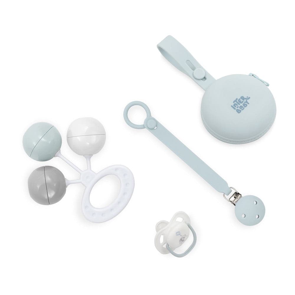 Conjunto 4 Fixadores Chupeta em Silicone + Porta-chupetas + Chocalho + Protetor Azul Interbaby