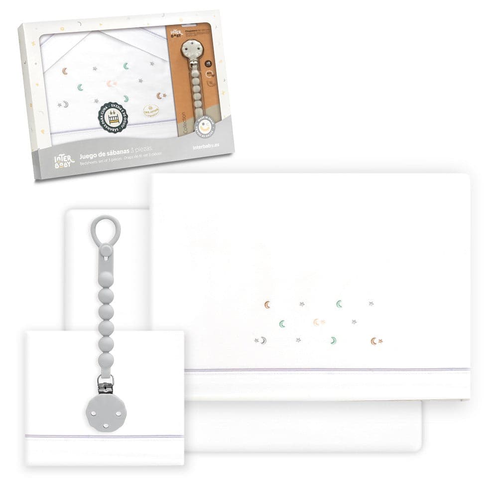 Conjunto Berço Multicolorido com Estrelas e Lua + Porta-chupetas Branco/Cinza Interbaby