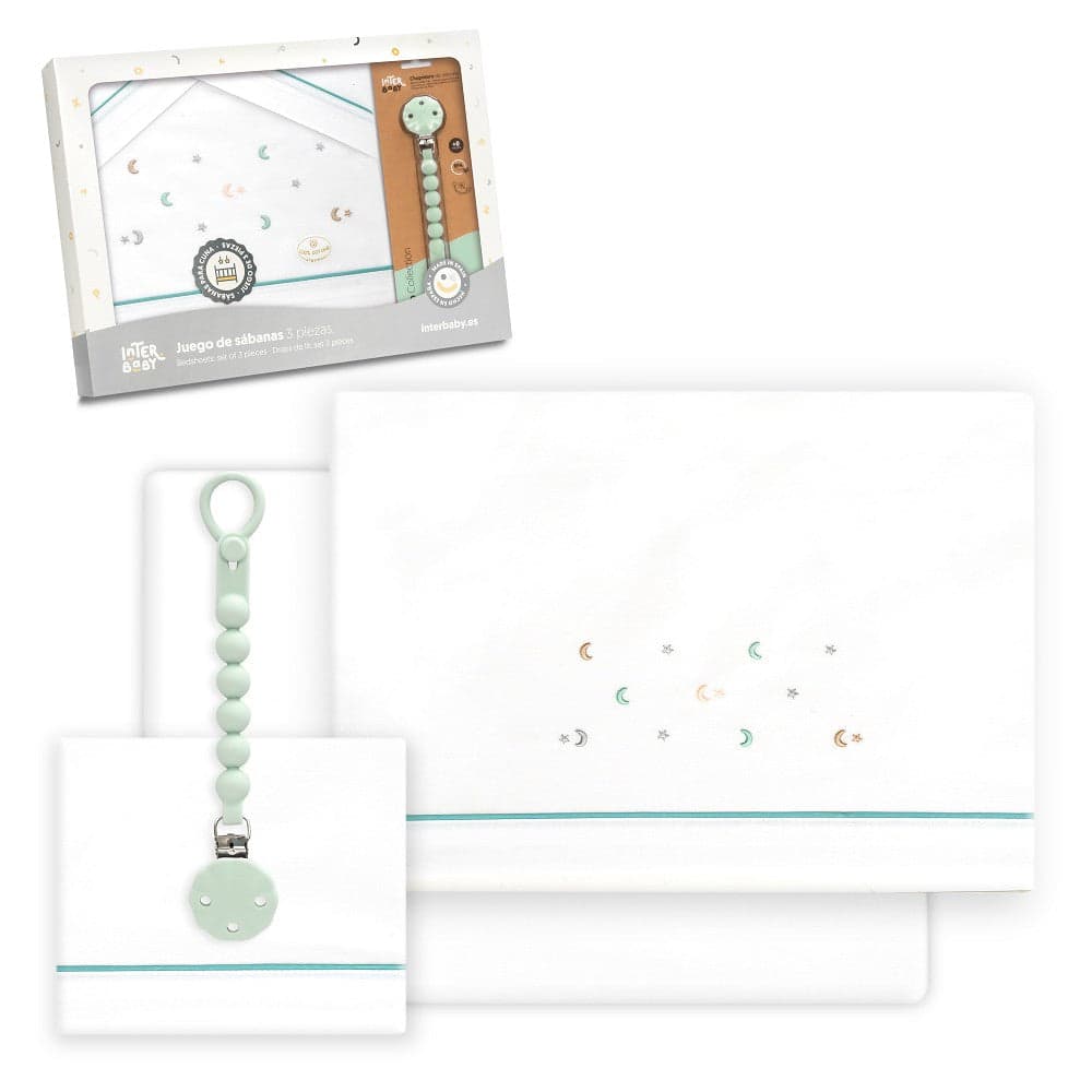 Conjunto Berço Triplo Multicolorido com Estrelas e Lua + Porta-chupetas Branco/Verde Interbaby
