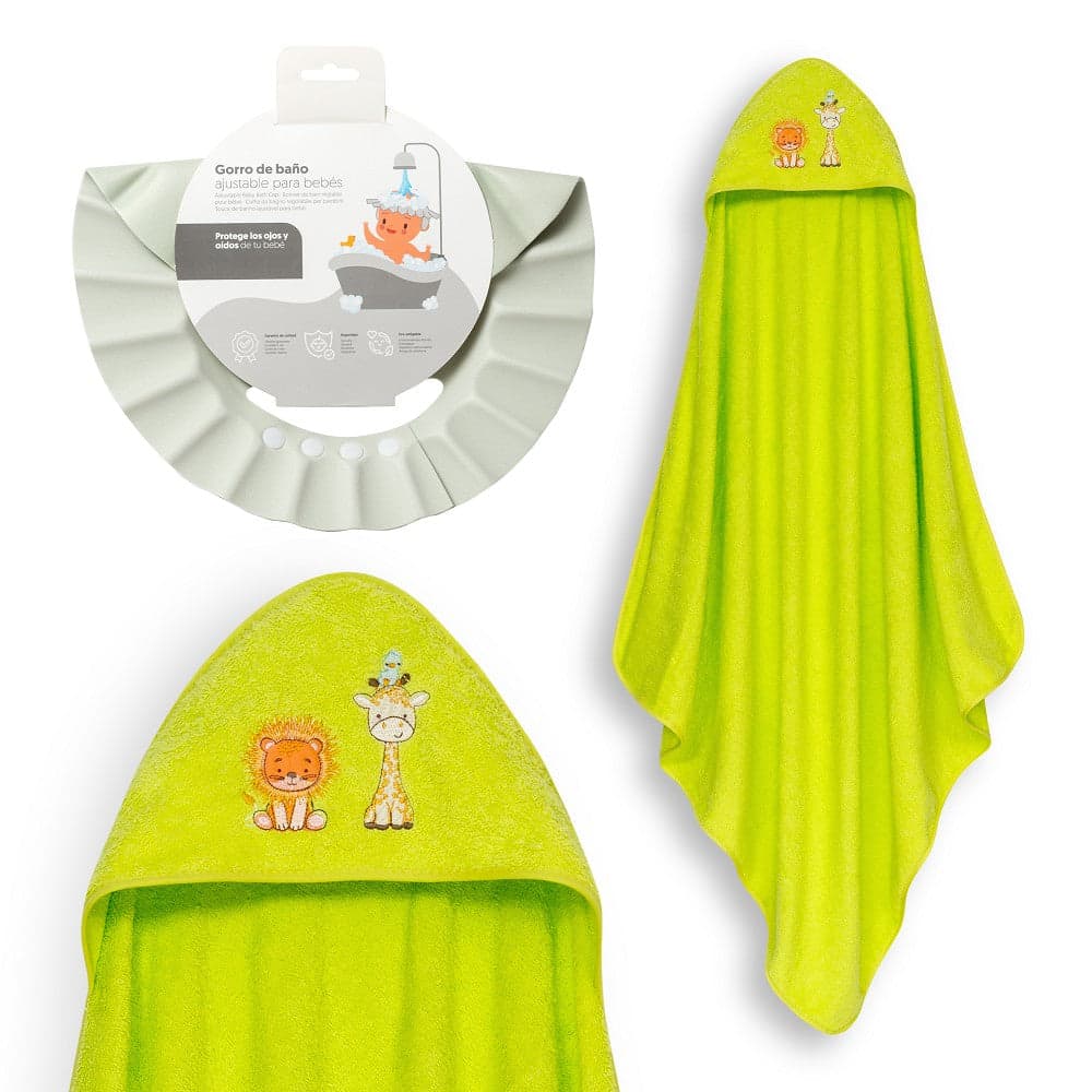 Conjunto banho Leão Girafa Pássaro + Gorro anti-água Pistacho Interbaby