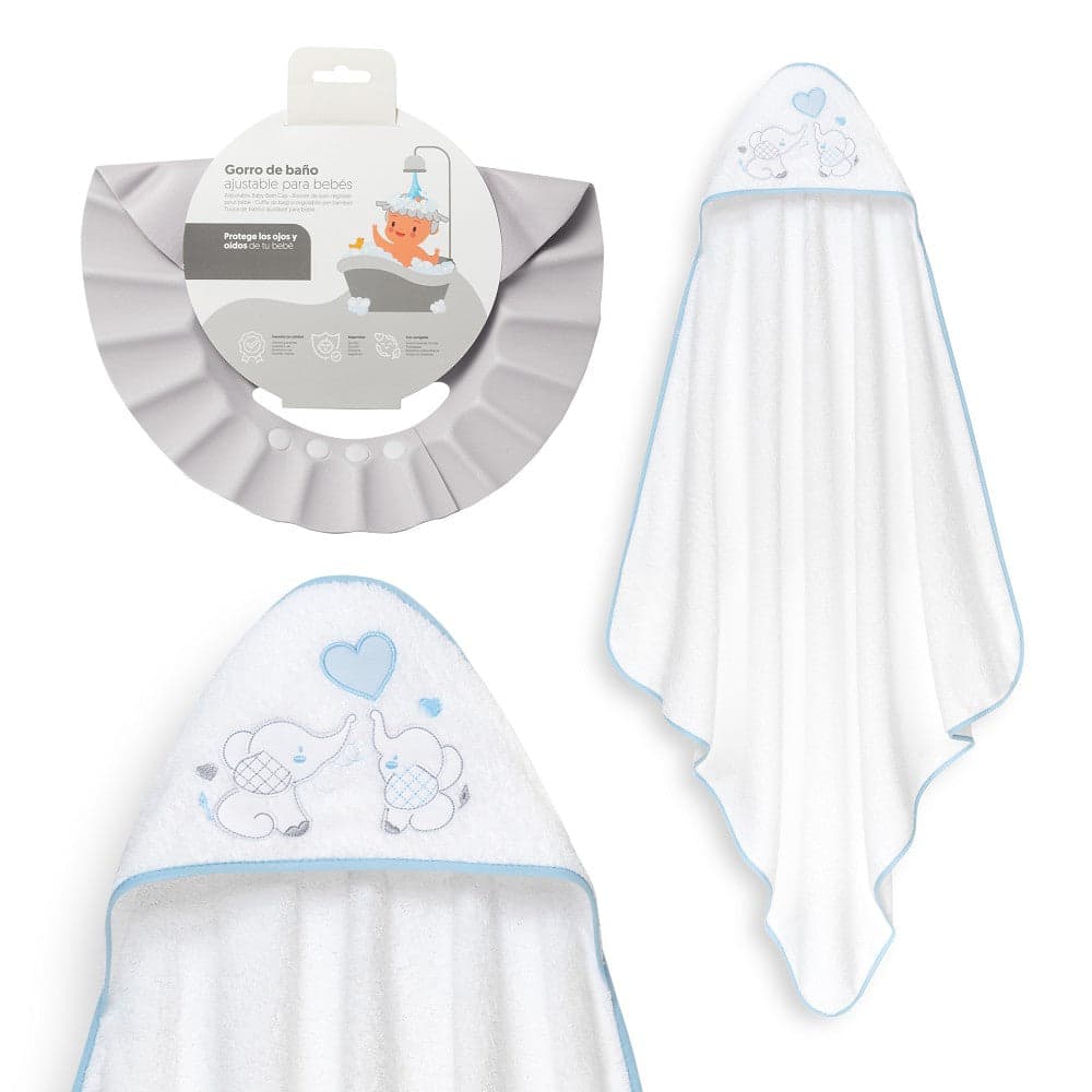 Conjunto banho Elefante + Gorro anti-água Branco/Azul Interbaby