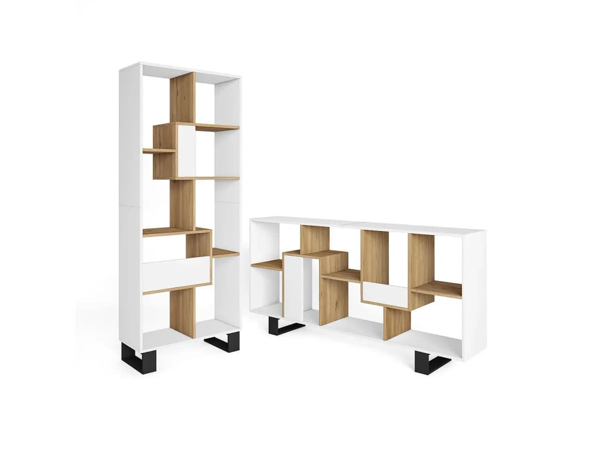 Estantes de prateleiras , 174x67x31, Design industrial, Branco e Carvalho
