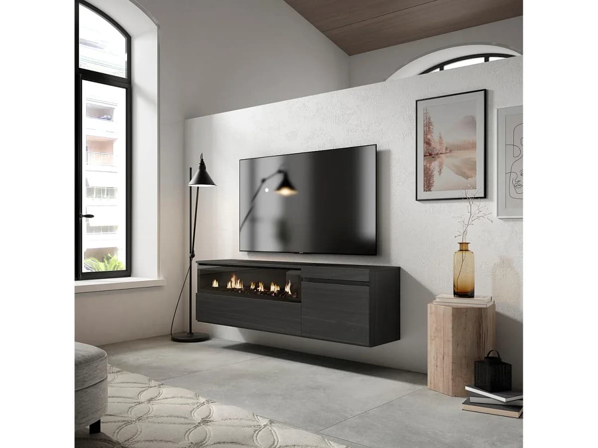 Móvel de TV, 150x35x45cm, Para televisores até 65", Lareira eléctrica, Suspensos, Cimento