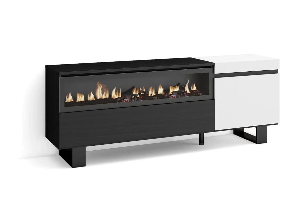 Móvel de TV, 150x35x57cm, Para televisores até 65", Lareira eléctrica, Design industrial, Branco e preto