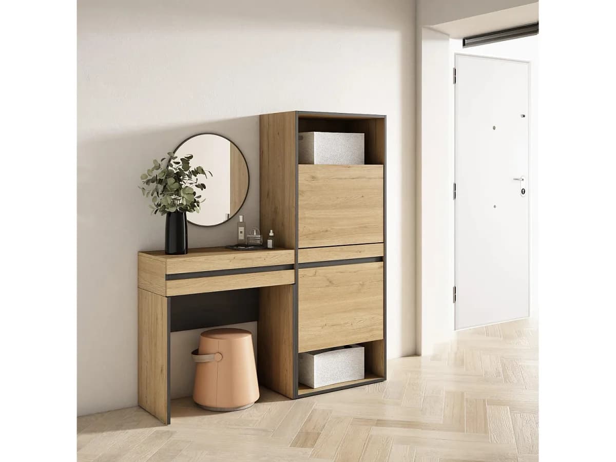Mesa consola de entrada, 130x35x145cm, Com gaveta, Sapateira, Carvalho