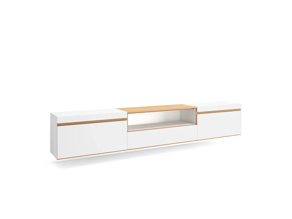 Móvel de TV, 260x35x45cm, TV de grande formato, Suspensos, Branco e Carvalho soft