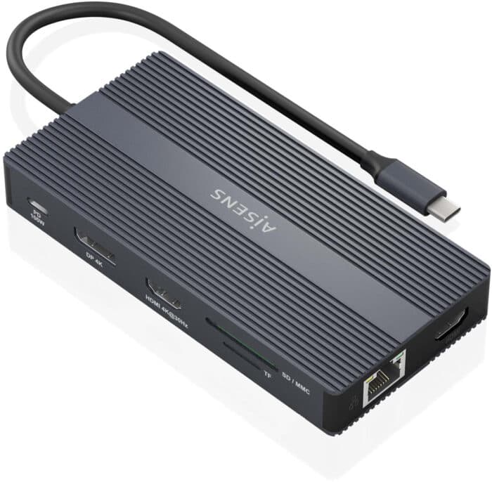 AISENS Docking Station ASUC-12P017-GR + USB-C de 12 Portas 2x HDMI DisplayPort RJ45 4x USB-A USB-C USB-C PD Leitor de Cartões SD/MicroSD Cinzento