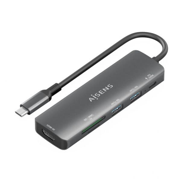 Aisens Docking Station ASUC-5P011-GR / ASUC-6P023-GR + USB-C com 1xHDMI 2xUSB-A 1xUSB-C PD 100W Leitor de Cartão SD/MicroSD Cinza 15cm