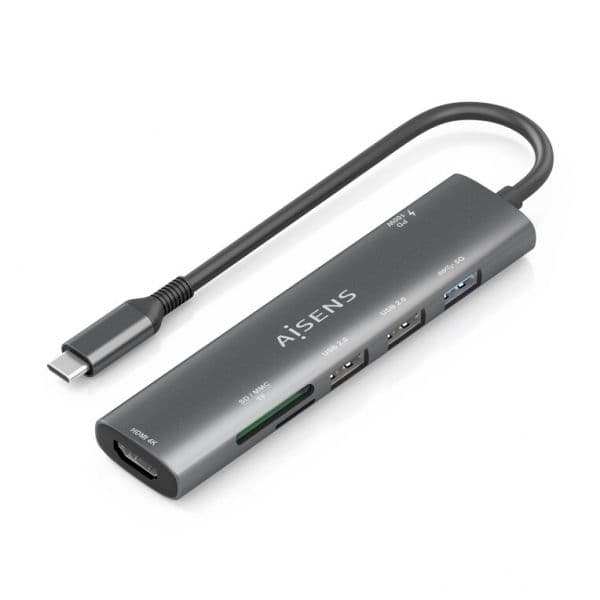Aisens Dock Hub USB-C 7 em 1 + USB-C de 7 Portas HDMI USB-A 2.0 USB-A 3.0 USB-C PD 100W SD MicroSD Cinzento 15cm