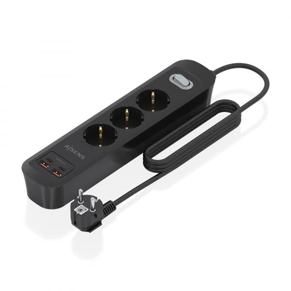 Aisens ASPS-2A2C11-BK Regleta 3 tomas Schuko 2 USB-A 2 USB Tipo-C 1.4m Preto