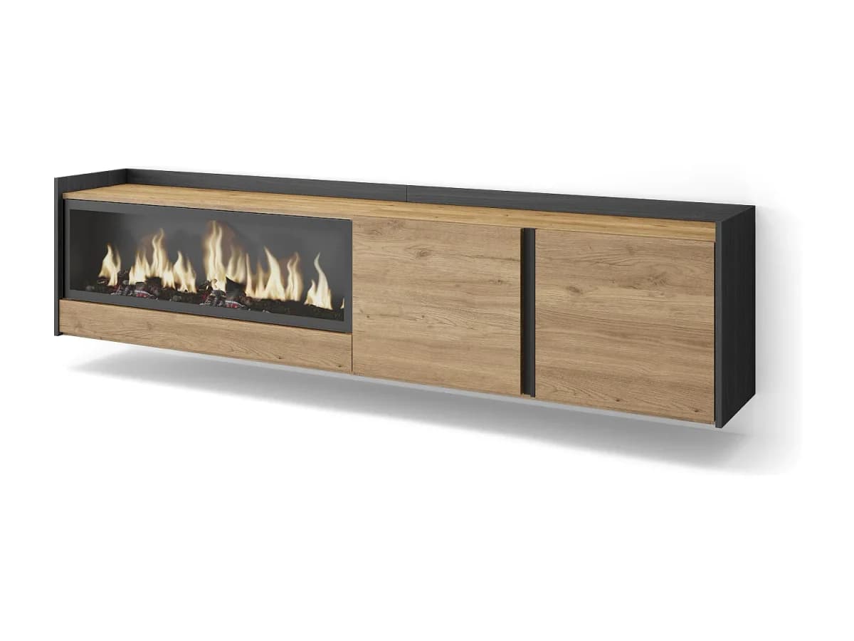 Móvel de TV, 212x50x35 cm, Para televisores até 80", Lareira eléctrica XXL, Suspensos, Carvalho e preto