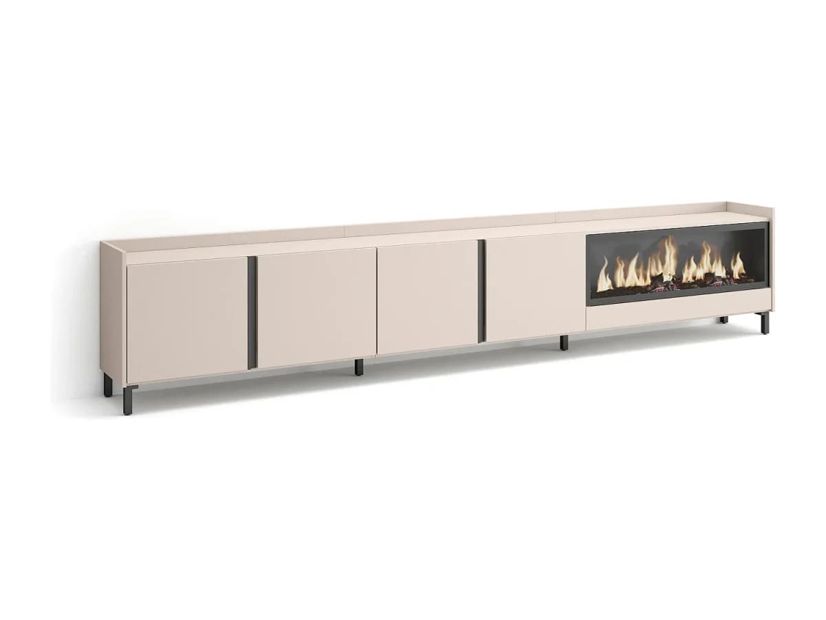 Móvel de TV, 315x61x35 cm, Para televisores até 80", Lareira eléctrica XXL, Design industrial, Bege