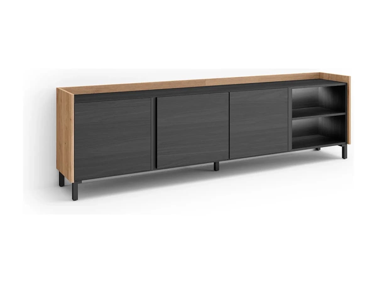 Móvel de TV, 207x61x35 cm, Para televisores até 80", Design industrial, LED, Preto e Carvalho