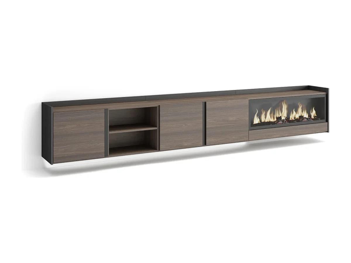 Móvel de TV, 315x50x35 cm, Para televisores até 80", Lareira eléctrica XXL, Suspensos, LED, Carvalho escuro e Preto