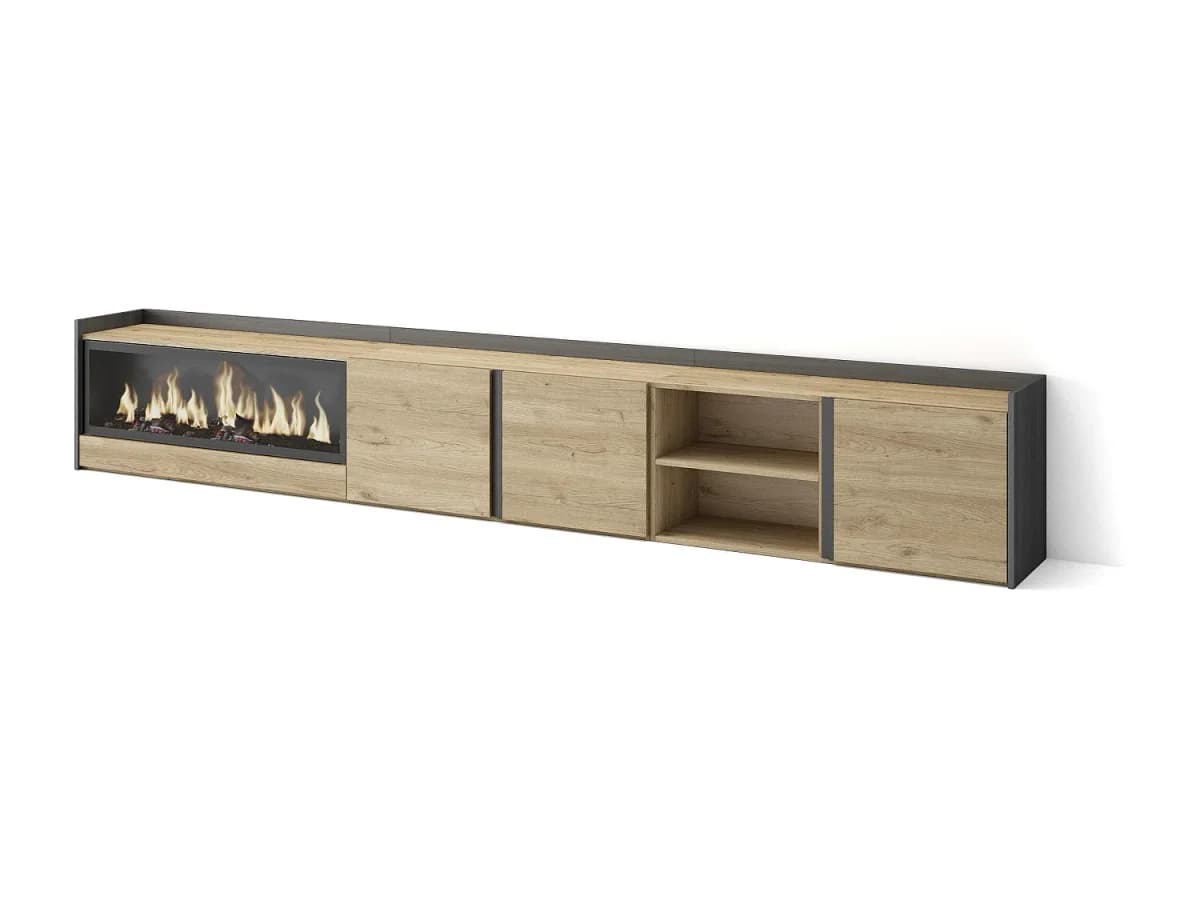 Móvel de TV, 315x50x35 cm, Para televisores até 80", Lareira eléctrica XXL, Branco e Carvalho soft