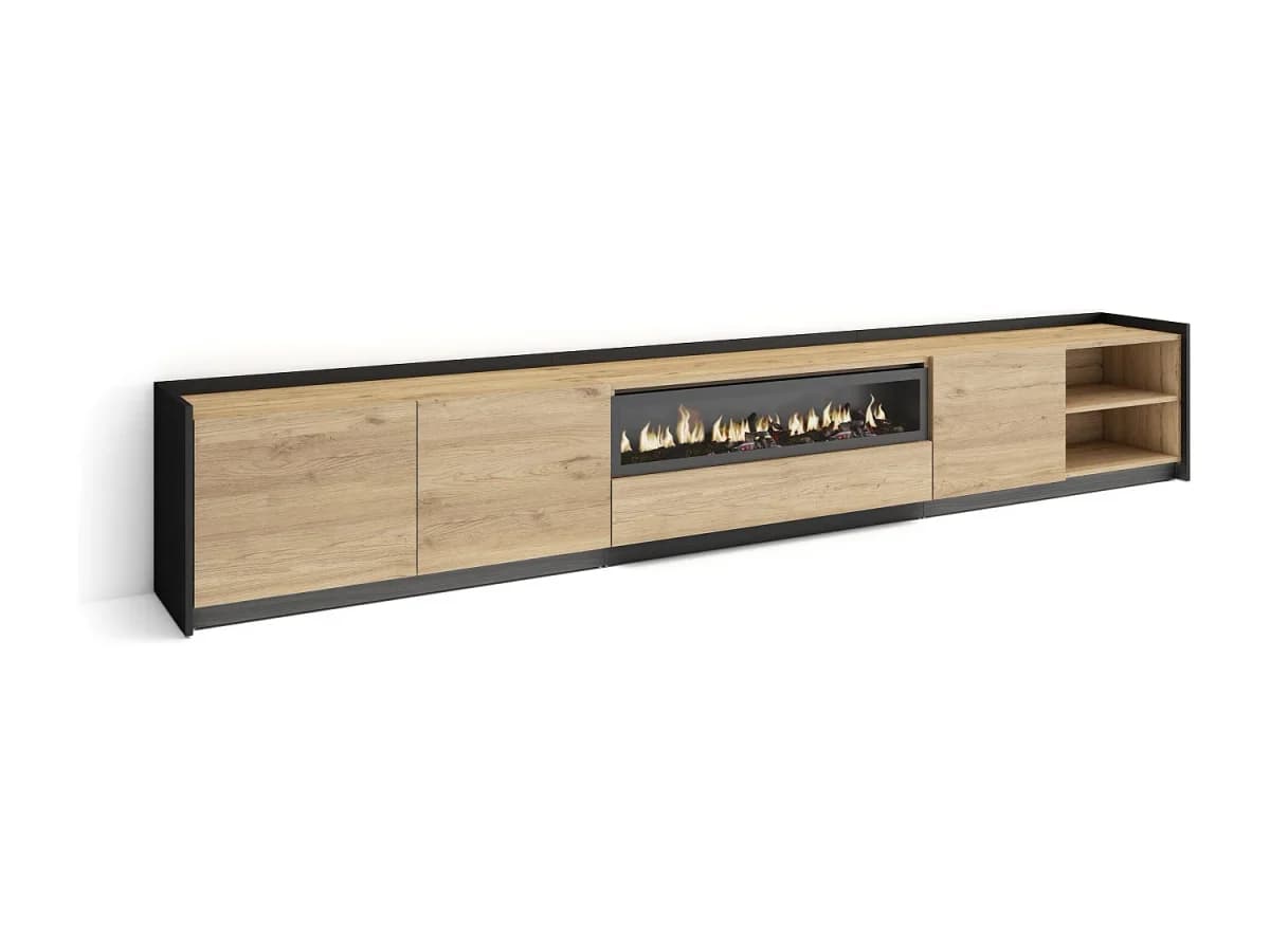 Móvel de TV, 310x50x37 cm, Para televisores até 80", Lareira eléctrica, LED, Carvalho e preto