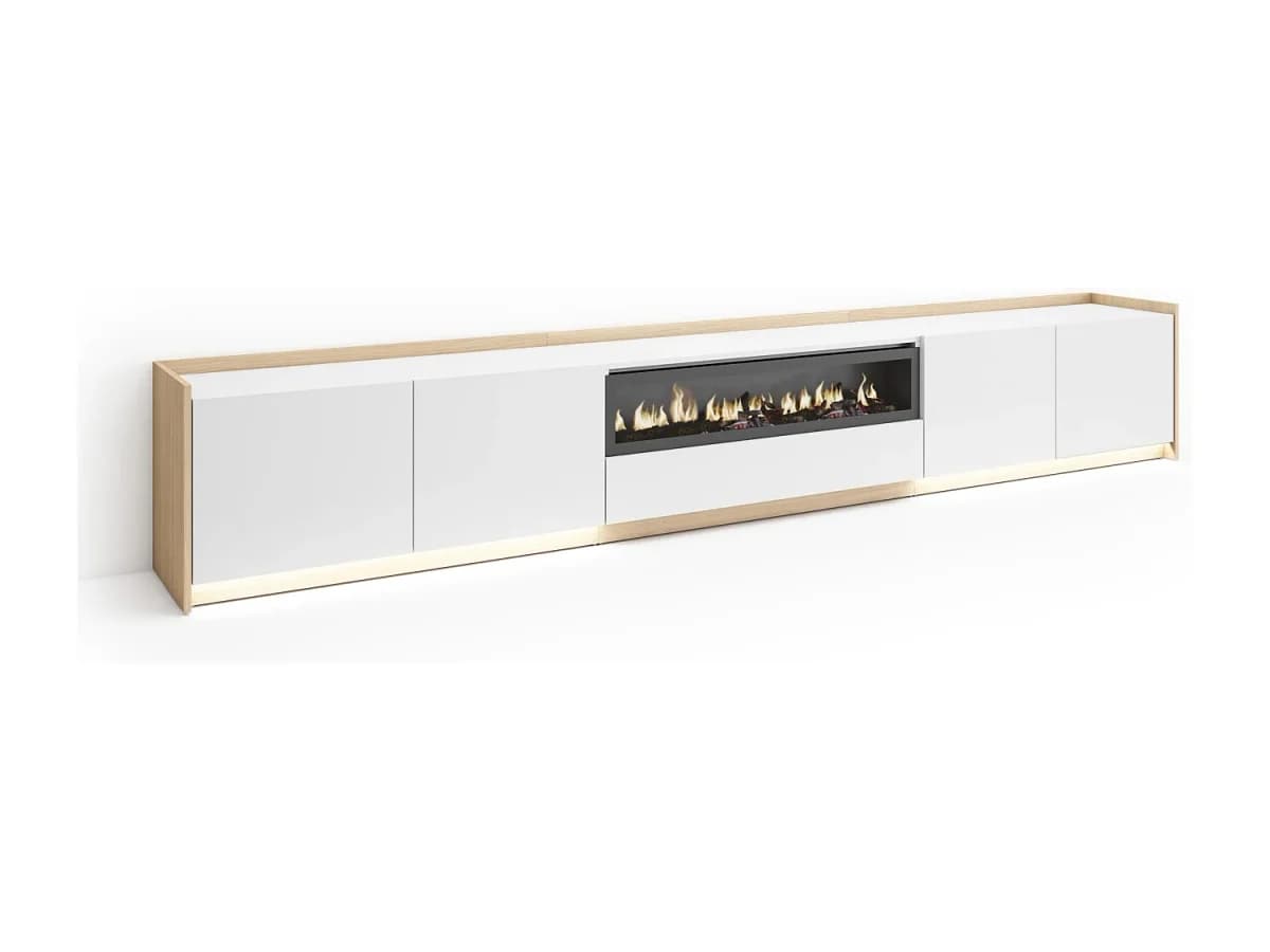 Móvel de TV, 310x50x37 cm, Para televisores até 80", Lareira eléctrica, LED, Branco e Carvalho soft
