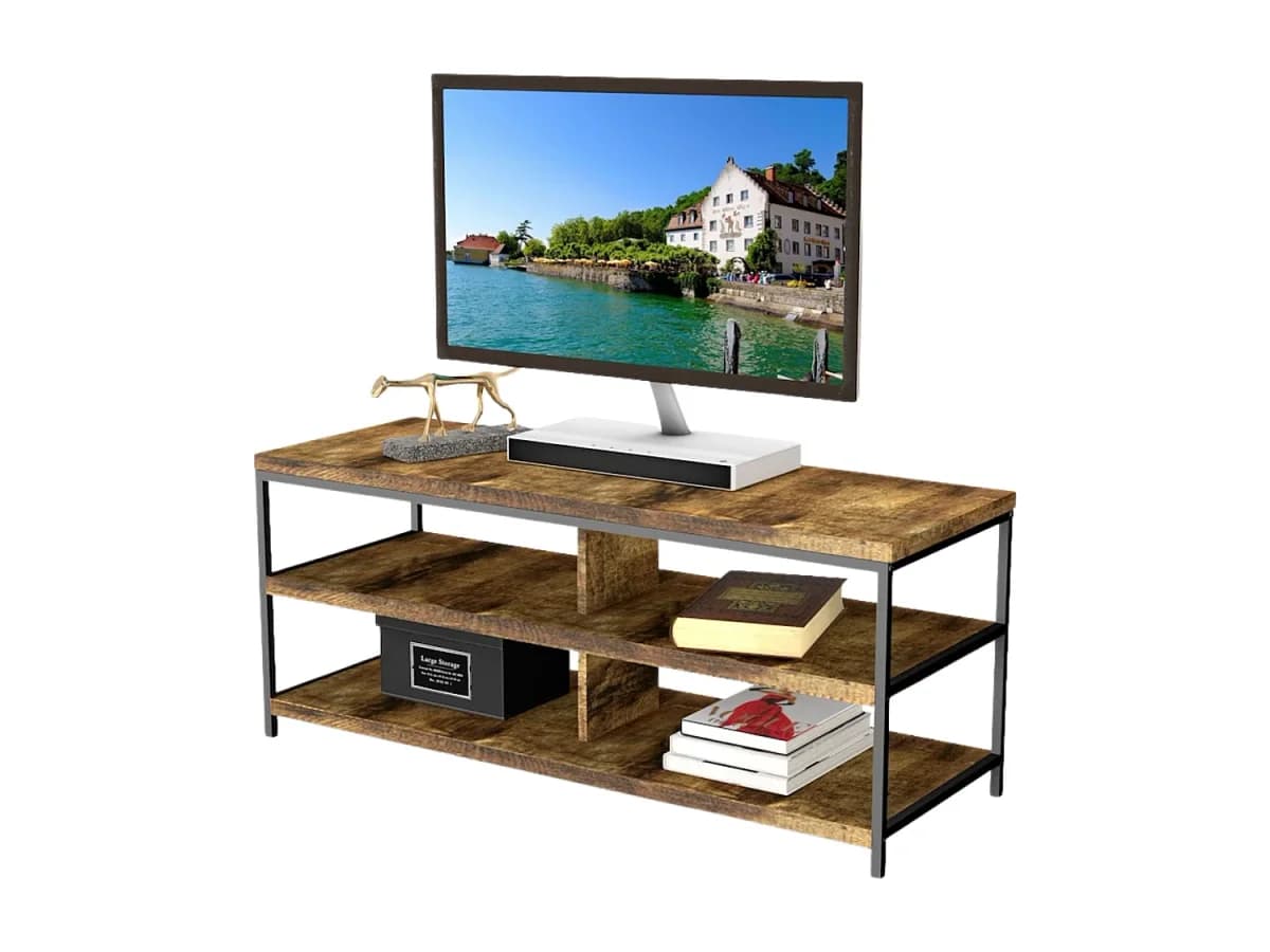 Mesa de TV para sala de estar com 2 prateleiras, madeira clara/preta, 110x45x40 cm
